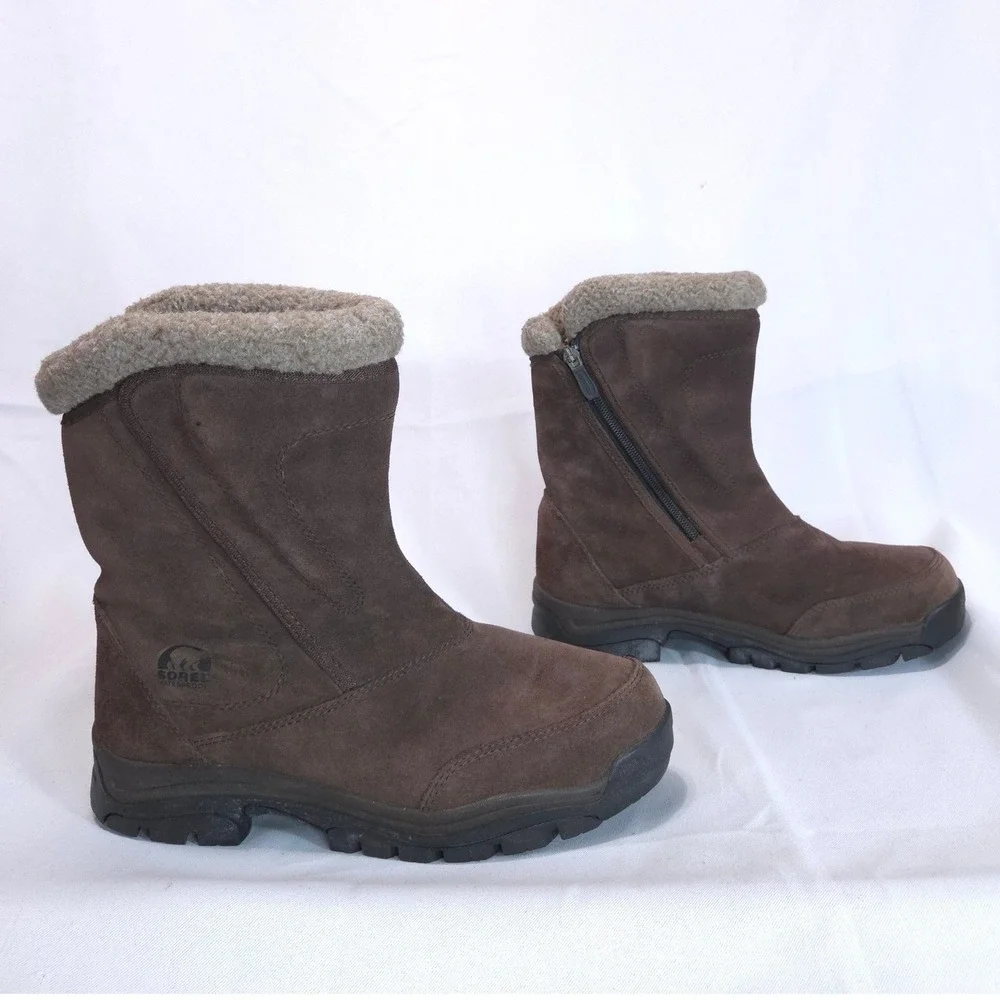 Sorel Water Fall Suede Winter Boots Women 9.5 Thinsulate Brown Zip Mid-Calf Snow